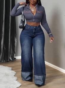 Slaydiva 大码女式口袋宽松阔腿休闲百搭牛仔裤 - 深色水洗藍 - 查看 3