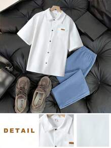 SHEIN 2 件套青少年男孩绅士装 - 白色修身短袖衬衫 + 卡其色长裤，绅士西装套装，商务优雅，学校，生日派对，日常休闲，婚礼，婚礼嘉宾，花童，戒指男孩 - 霧霾藍 - 查看 3