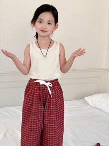 Dazy Kids 女童（小女孩）针织背心+梭织格子裤两件套，小女孩睡衣套装 - 米色 - 查看 2