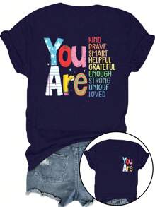 EMERY ROSE 大码女式夏季口号印花圆领短袖休闲百搭T恤