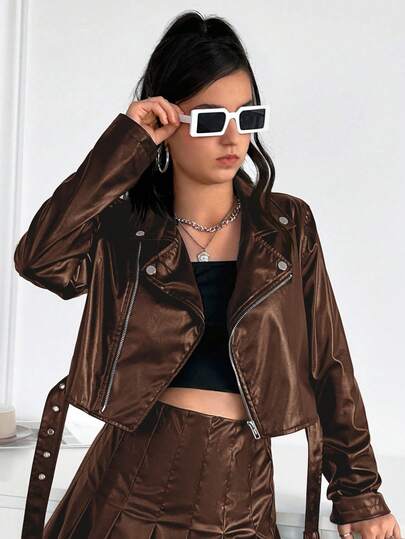 SHEIN Teen Girls' Brown PU Solid Color Winter Turndown Collar Casual Fashionable Versatile Short Biker Jacket Brown Cropped Jacket Teen Girl Jacket Faux Leather Jacket Brown Leather Jacket Girls Brown Jacket Fall