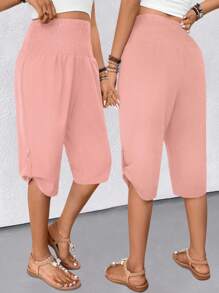 SHEIN LUNE Women's Solid Color Knotted Waist Loose Casual Capri Pants - Pink - View 3