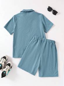 Older Boys Textured Striped V-Neck Embroidered Top & Shorts 2 Pieces Set, Casual Fashion - White - View 2