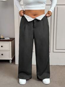 SHEIN EZwear Plus Size Women's Contrast Color Zipper Front Pockets Pleated Wide Leg Suit Pants - Black - View 8