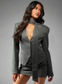 MISSGUIDED Váy ngắn Blazer không cổ có dây buộc cổ, đệm vai có cấu trúc, trang phục công sở chuyên nghiệp cho khách dự tiệc cưới mùa thu đông - Xám - Xem 4