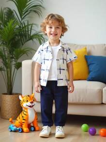 SHEIN Bộ đồ trẻ em trai thường ngày, áo sơ mi ngắn tay cổ in hình địa lý và quần dài Bộ đồ trẻ em trai thường ngày Bộ quần áo bé trai Bộ đồ hai mảnh cho bé trai - Nhiều màu - Xem 3