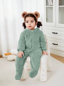新生儿男女通用毛绒熊耳动物连帽拉链连体衣，秋冬季款 - 綠色 - 查看 4