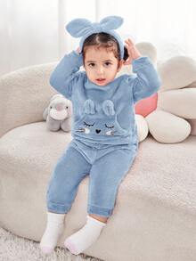 Babygirl Cute Cartoon Pattern Fluffy Long Sleeve Top And Elastic Waist Pants Set, Autumn/Winter Cute Sets Baby Girl Winter Clothes Baby Girls Sets Baby Girl Warm Sets 2 Pieces Winter Clothing Fall - Blue - View 8