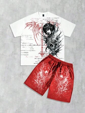 Street Life Conjunto de camiseta y pantalones cortos con estampado, estilo callejero retro punk para hombres, de talla grande y holgada