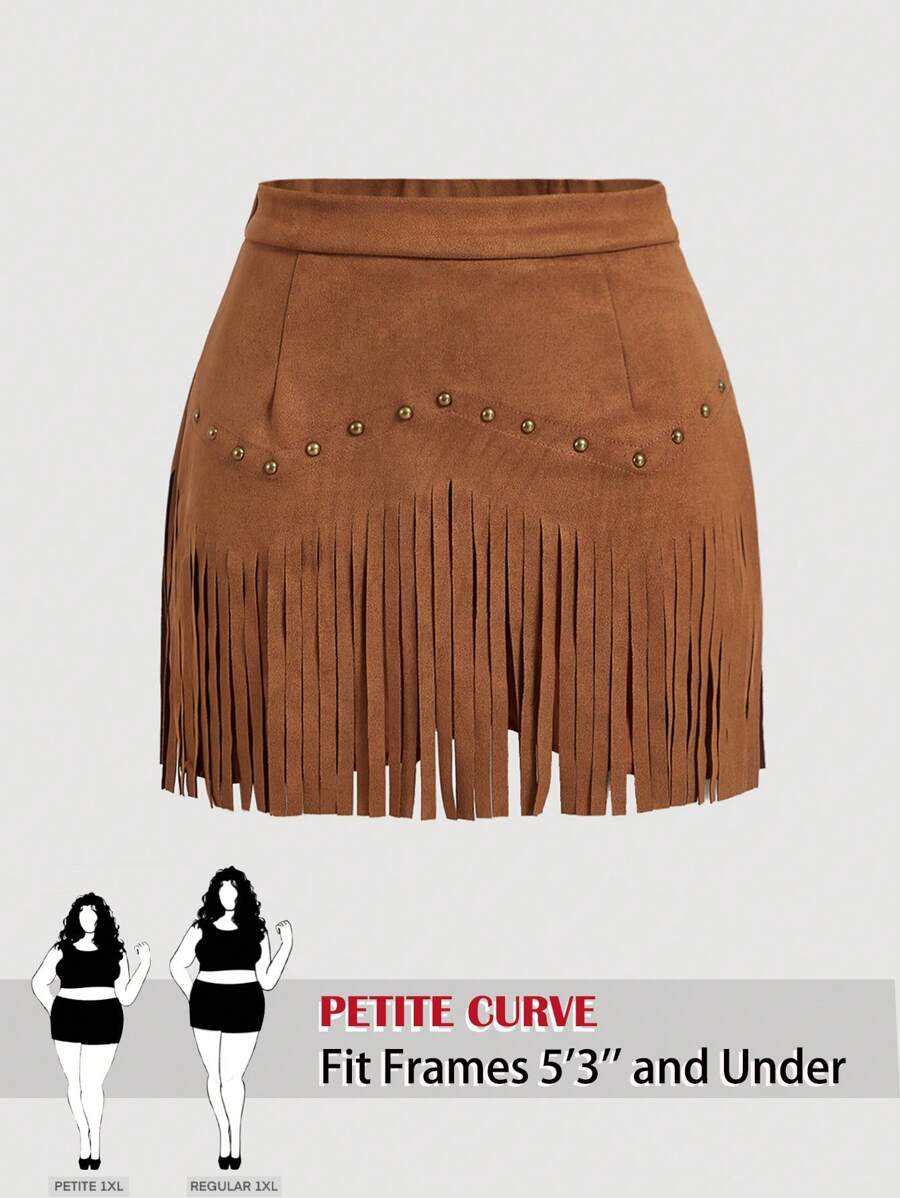 SHEIN PETITE CURVE Plus Size Women's Vintage Hippie Rivet Fringe Suede A-Line Skirt, Autumn Skirt,Nashville,Pirate Skirt - Brown - View 1