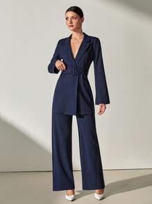 CLARA VERO 2pcs Women's Casual/Work Wear Simple Long Sleeve Top & Wide Leg Pants Set - Navy Blue - View 4