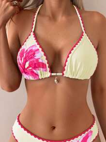 Swim Vcay 2pcs Women's Bikini Set, Halter Tied Floral Hem Flower Printed Swimsuit, Fashionable Casual Holiday Swimwear For Summer Beach Vacation - Beige - View 5