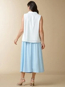 SHEIN Clasi Conjunto elegante de 2 piezas con cuentas y ajuste ceñido, adecuado para uso en la oficina, blusa de cuello de corbata blanca sin mangas para mujer, ropa de mujer para otoño