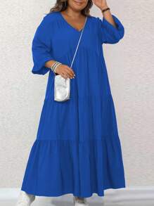 SHEIN LUNE Plus Size Solid Color Lantern Sleeve Brown Fall Dress, Spring Autumn Maxi Women Outfit - Blue - View 4