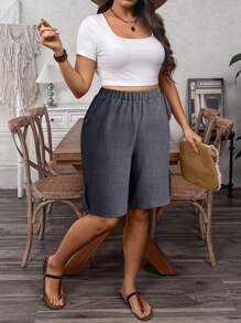 SHEIN LUNE 大码女式法式休闲度假通勤纯色纽扣装饰口袋百慕大短裤