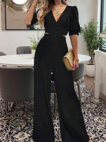 INAWLY 女士 V 领镂空优雅通勤短袖连体裤 - 黑色 - 查看 1