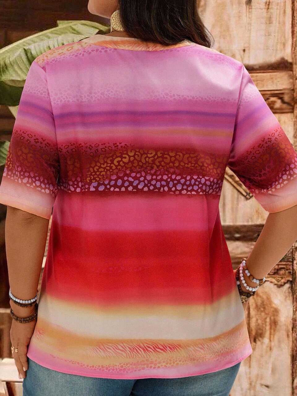 Plus Size Women's Light Pink Casual Summer Boho Vacation Short Sleeve Blouse,Old Money Style Loose Comfortable Daily Tops,Country Concert