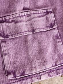 1 Set Teenager Girls Casual Fitted Short Sleeve T-Shirt With 3D Butterfly Wash Denim Patch Embroidery Design & Purple Wash Fitted Denim Cargo Pocket Half Skirt, Simple Stylish Daily Wear