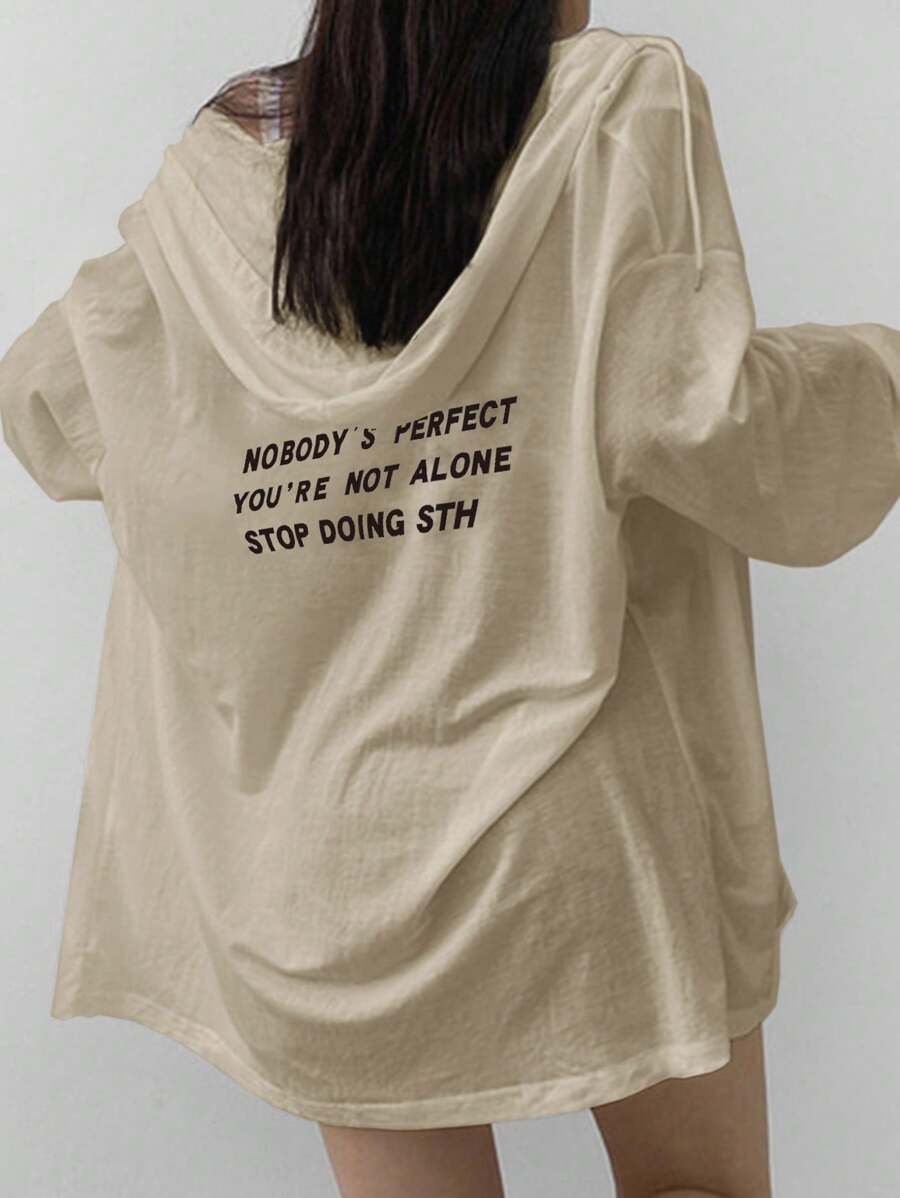 DAZY Women's Oversized Hooded Cardigan With Back Print, Lightweight Jacket, White, Spring/Summer/Autumn - Apricot - View 1