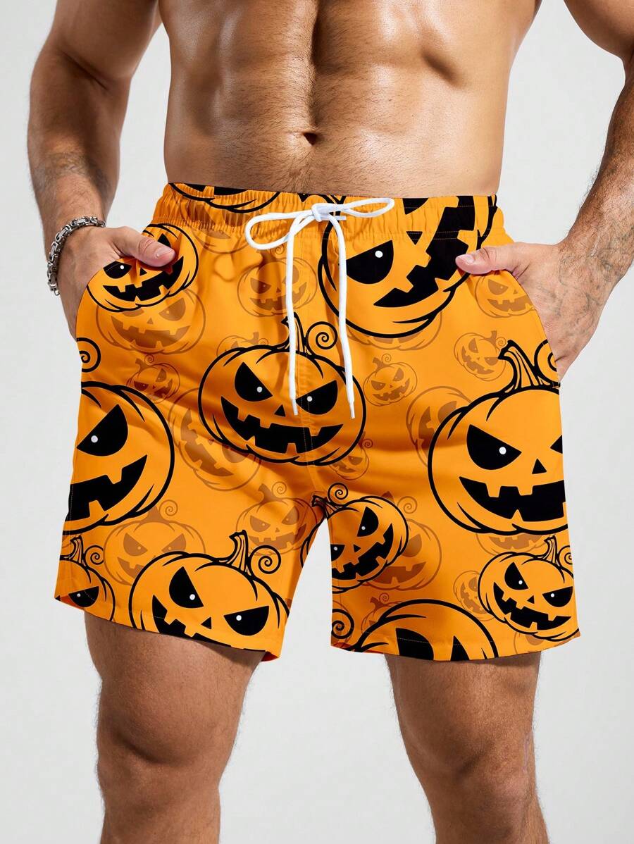 Manfinity KASUA Men's Casual Halloween Pumpkin Print Beach Shorts,Orange Summer Jack O Lantern Swim Trunks,Novelty Vacation Swimwear - Orange - View 1