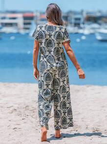 Sylviya 女士復古印花休閒假日上衣和寬褲套裝，附口袋，適用於夏季