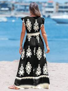 Sylviya 收縮荷葉邊設計短袖腰帶印花休閒度假裙，A字裙擺 - 彩色 - 查看 2