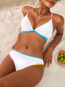 Swim SPRTY Women's Contrast Trim Vacation Beach Swimsuit Set For Summer - White - View 3