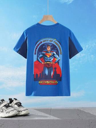 SUPERMAN 2025 Camiseta de manga corta de verano para niño preadolescente, informal, con contraste de color, figura de héroe de dibujos animados y diseño gráfico con letras
