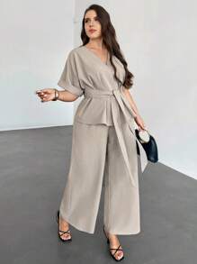 Firerie Plus Size Casual Solid Color Short Sleeve Top And Loose Pants 2 Pieces Set,Business Casual Woman