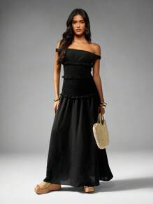 MISSGUIDED Đầm Maxi trễ vai xếp nếp có viền bèo nhún cho tiệc tối, tiệc cưới mùa hè, dài đến sàn, thanh lịch, eo xếp ly, phong cách Boho - màu đen - Xem 1