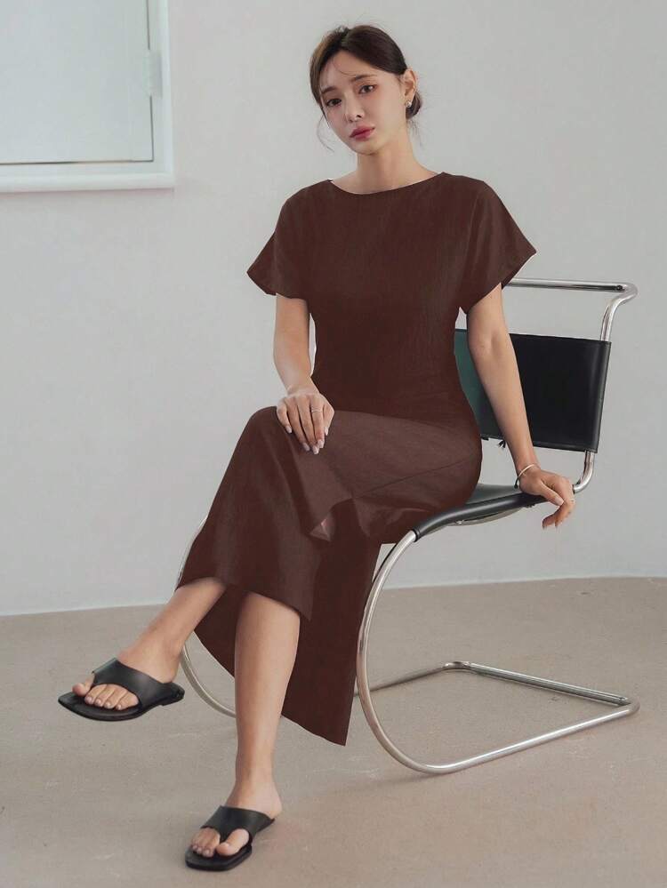 Elegant & Casual Solid Color Linen Midi Dress, Business Leisure Wear For Women In Summer