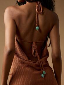 MISSGUIDED Western Bohemian Mini Dress Textured Jersey Cowl Neck Turquoise Stone Pendant Halter Festival American Southwest Style Summer Spring Sleeveless Party Dress - Coffee - View 4