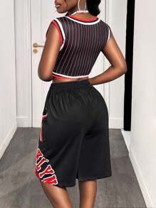 BamGleam 女式夏季字母条纹短款上衣和短裤两件套，休闲 - 黑色 - 查看 2