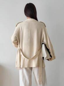 Dazy-Less 女士宽松商务休闲风衣外套，短款亚麻衬衫式开衫，配腰带，简约纯色，适合办公室穿着，秋冬季女装外套 - 卡其色 - 查看 5