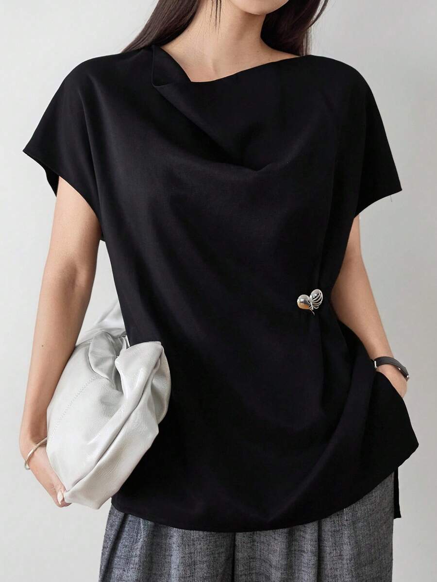 DAZY Women's Loose Business Casual Vest Top, Elegant Metal Buckle Twist Decor Hollow Drawstring Tie Waistcoat, Suitable For Office, Commuting, Spring, Summer, Autumn