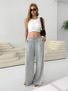 SHEIN EZwear Quần dài ống rộng viền ren giản dị cho nữ - Xám - Xem 5