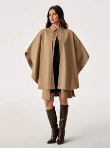 SHEIN Tall Abrigo tipo capa largo de mujer para otoño, de color liso, con mangas de murciélago, abotonado sencillo, casual y holgado, para mujeres altas - Caqui - Ver 7