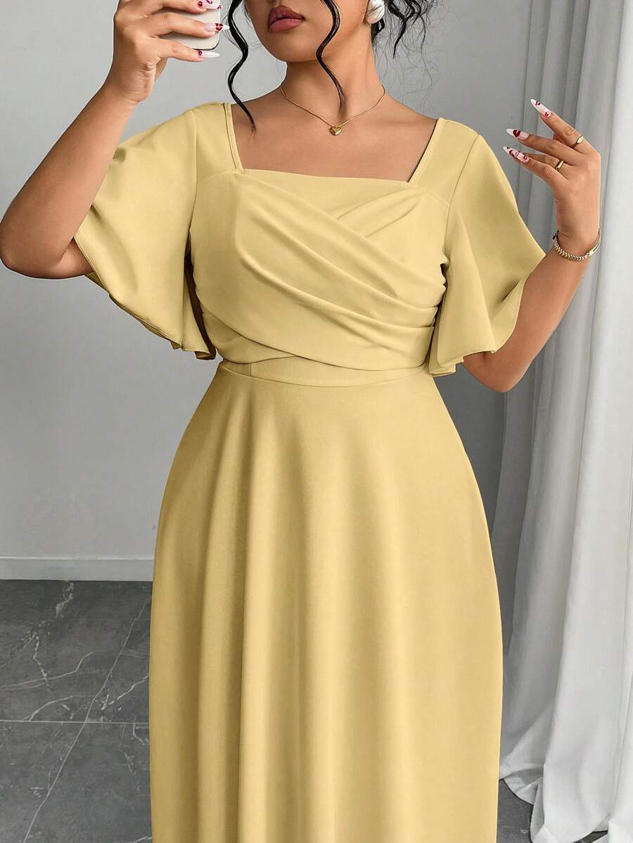 Modelyn Plus Size Red Short Sleeve A-Line Knit Dress - Yellow - View 1