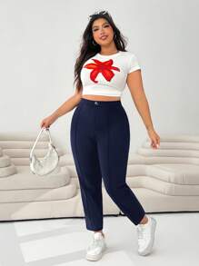 Solflare Plus Size Women Navy Blue Knitted 3/4 Slim Pants Fall - Navy Blue - View 3