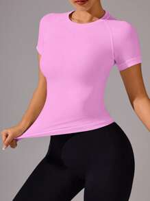 Easithlete 女士纯色圆领插肩袖短袖休闲健身运动 T 恤，无缝压缩衬衫，修身衬衫，健身衫