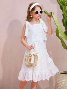 Set de 2 piezas con top de tirantes con bordado calado y falda para niña preadolescente, ideal para verano y viajes - Blanco - Ver 5