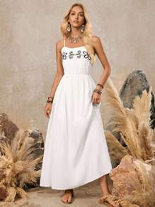 LanaWest Vestido de medio largo de lino y algodón con bordado en estilo occidental para mujeres - Blanco - Ver 3