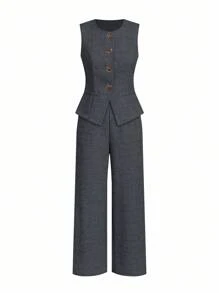 Ellevyn Sleeveless Top And Long Pants Suit, Minimalist Commute & Outing Elegant Linen-Feel Set