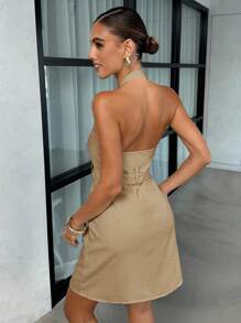 Lavishia 女式纯色腰扣时尚吊带连衣裙 - 駝色 - 查看 2