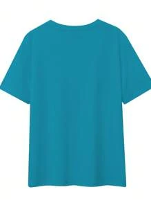 EMERY ROSE Women's Light Blue Casual Short-Sleeve T-Shirt With "One Day At A Time" Heart Print - Soft Polyester, Round Neck, Machine Washable, Spring/Summer Fashion Essential, Everyday Tshirt | Round Neck Shirt | Polyester Fabric - Teal Blue - View 2