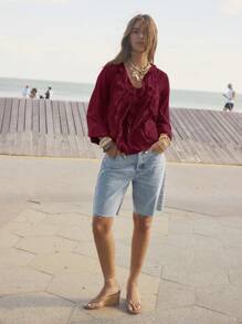 Aralina Ruffled V-Neck Long Sleeve Front Tie Blouse