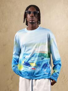 SUMWON Áo thun lưới tay dài in hình xe đua sang trọng phong cách retro dạo phố thiết kế xe cổ điển nhẹ thoáng khí thường ngày - Màu xanh lam - Xem 3