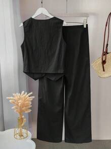 INAWLY 女士修身V領前扣袖口無袖上衣與口袋長褲夏季街頭風格2件裝 - 黑色 - 查看 2