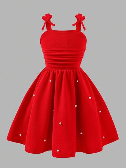 Abito rosso di tessuto strutturato senza maniche con decorazione a fiocco 3D, arricciatura in vita, gonna a metà lunghezza, lavorazione ricamata in perline di lusso, elegante per feste, raduni, occasioni casual, per taglie forti