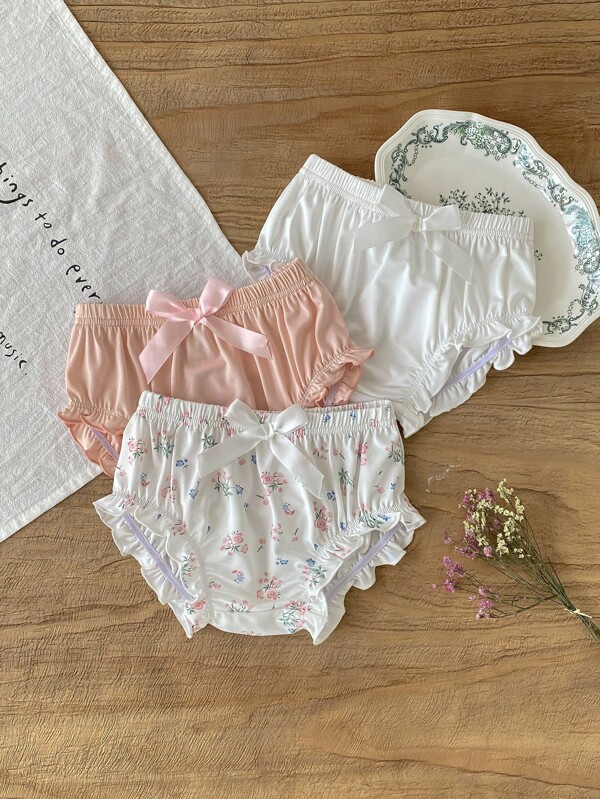 Conjunto de 3 peças de roupa íntima casual e confortável com estampa de base branca para meninas